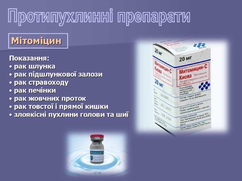 Протипухлинні препарати Показання:   рак шлунка  рак підшлункової залози  рак стравоходу